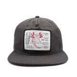 Gray cap with a label featuring a pink axolotl on a white background