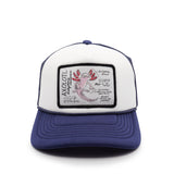 Youth trucker hat with a black patch featuring a pink axolotl design on a white background