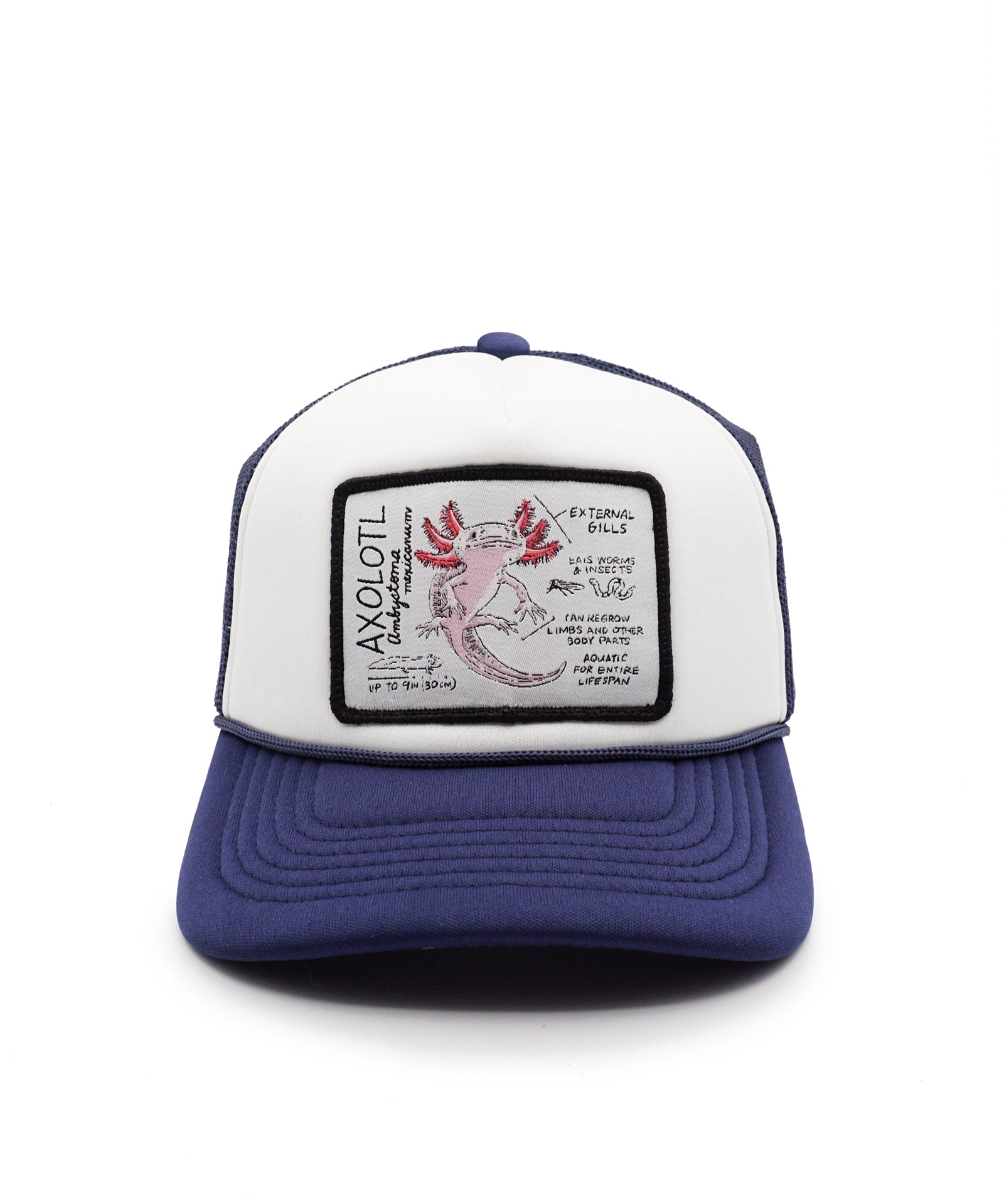Youth trucker hat with a black patch featuring a pink axolotl design on a white background