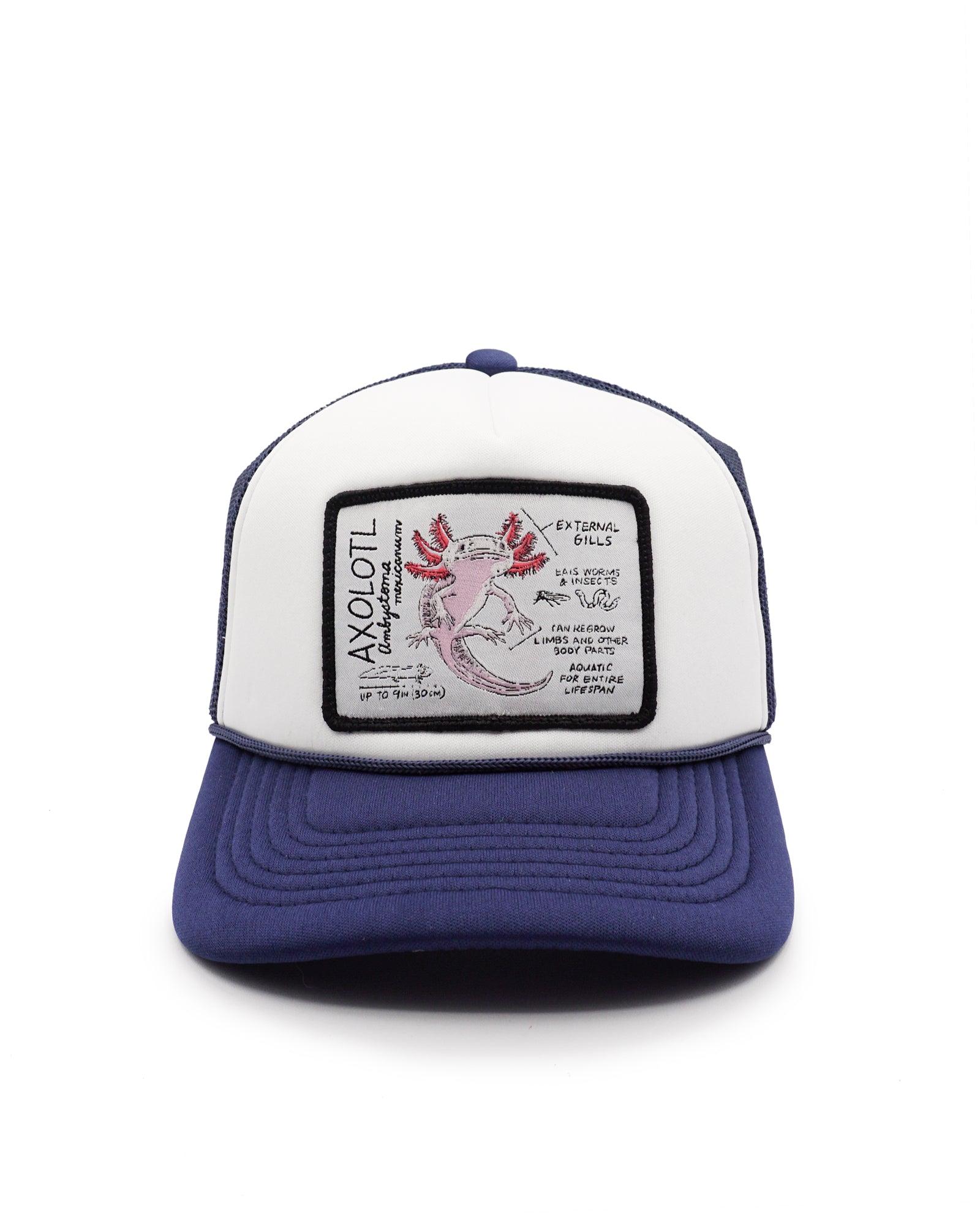 Youth trucker hat with a black patch featuring a pink axolotl design on a white background