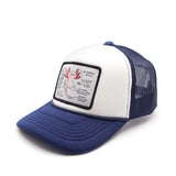Blue and white youth trucker hat with a axolotl patch on a white background