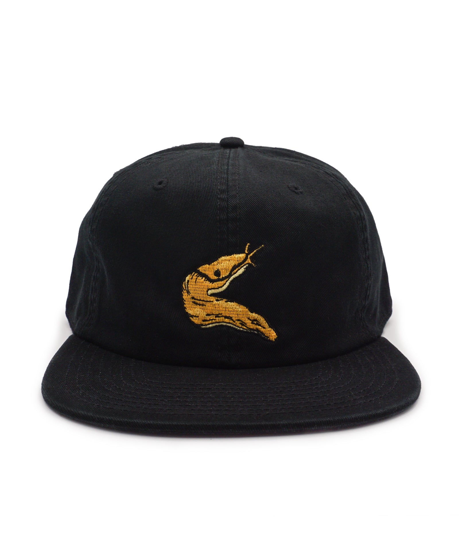 Black cap with a yellow banana slug embroidered logo on a white background