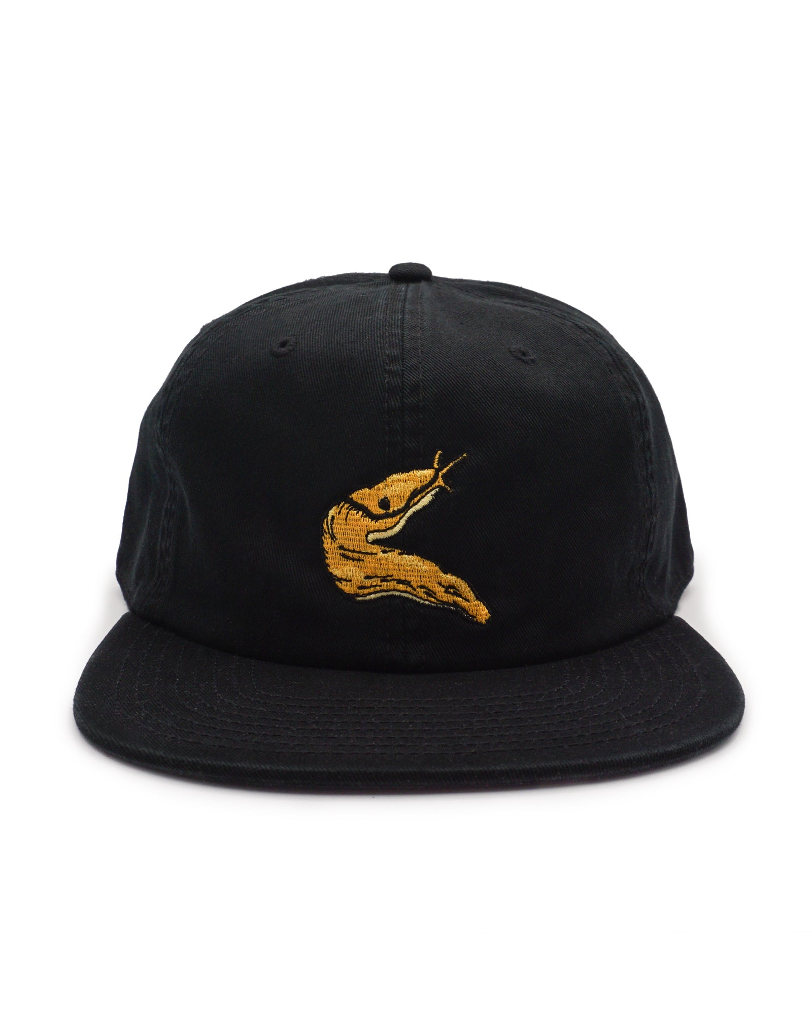 Black cap with a yellow banana slug embroidered logo on a white background