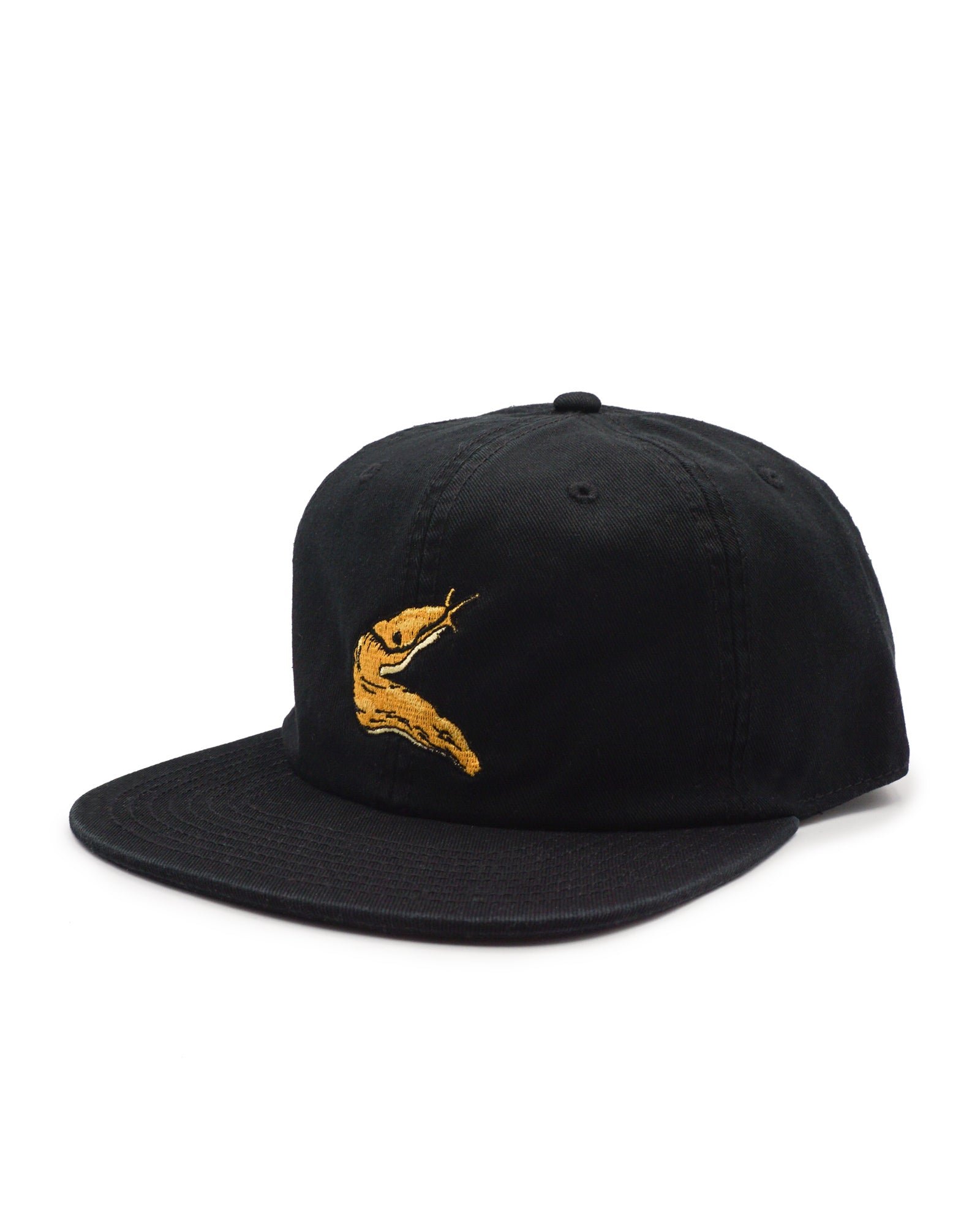 Black cap with a gold banana slug embroidered design on a white background