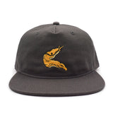 Black cap with a yellow embroidered banana slug design on a white background