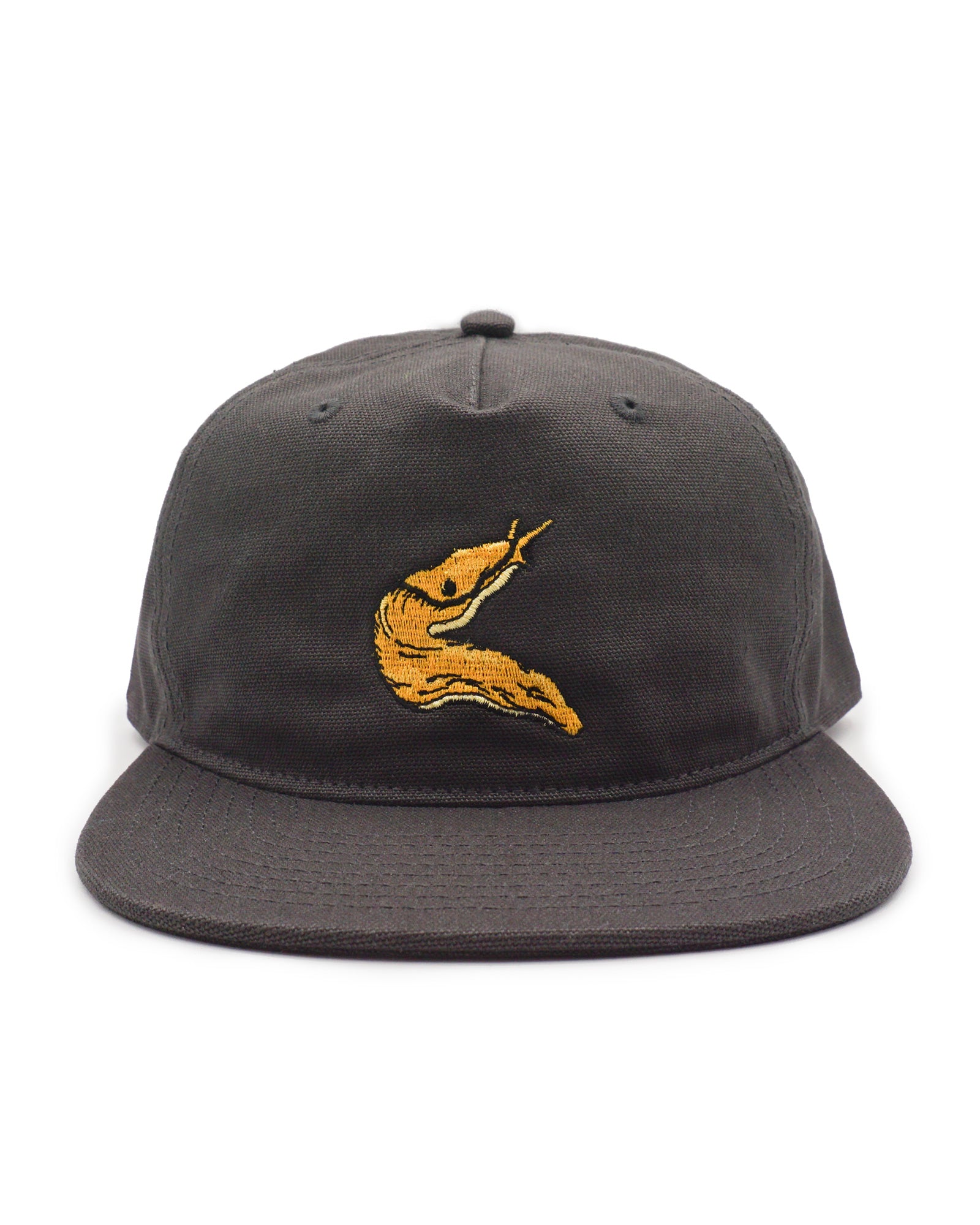 Black cap with a yellow embroidered banana slug design on a white background