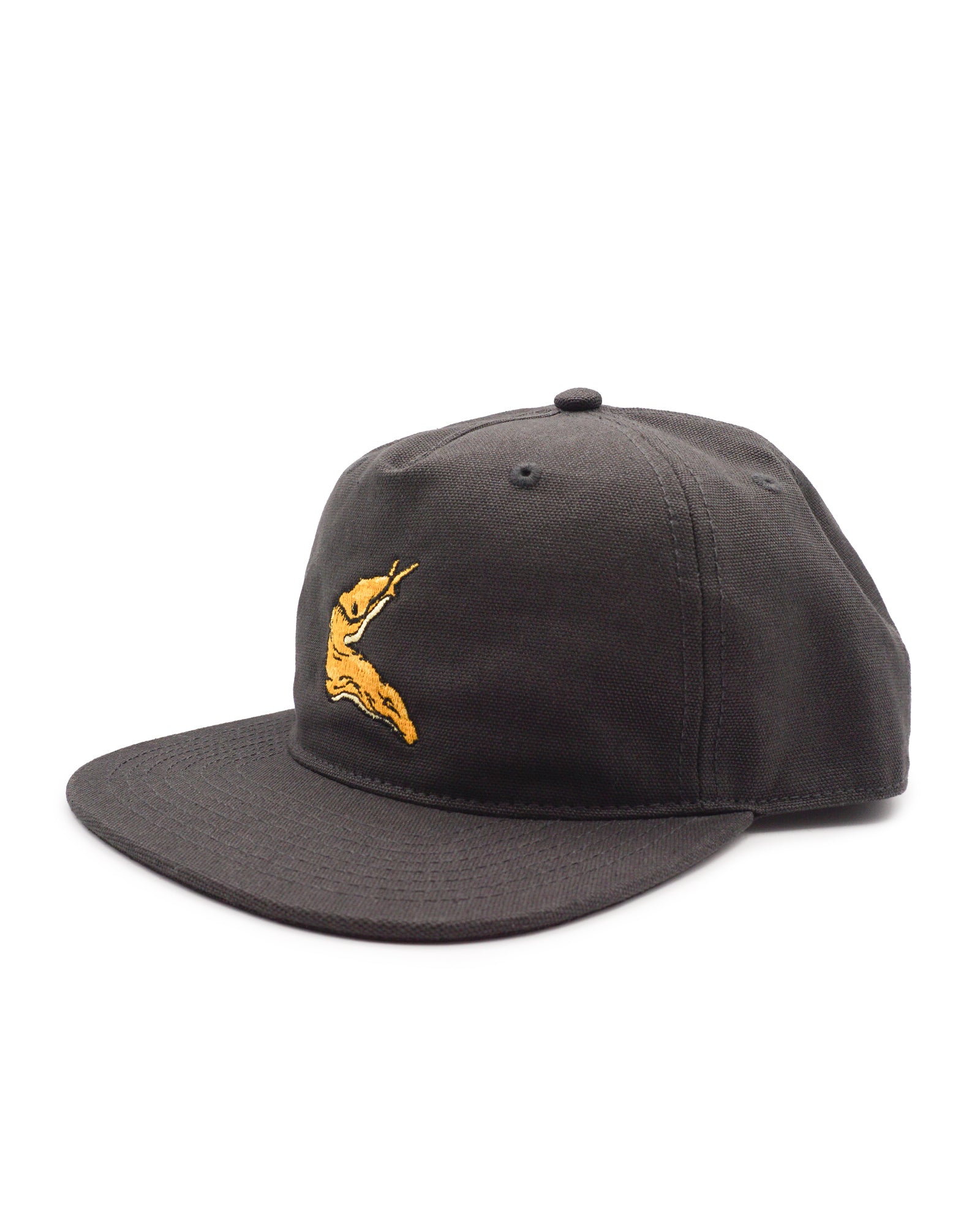 Black cap with a yellow banana slug logo on a white background