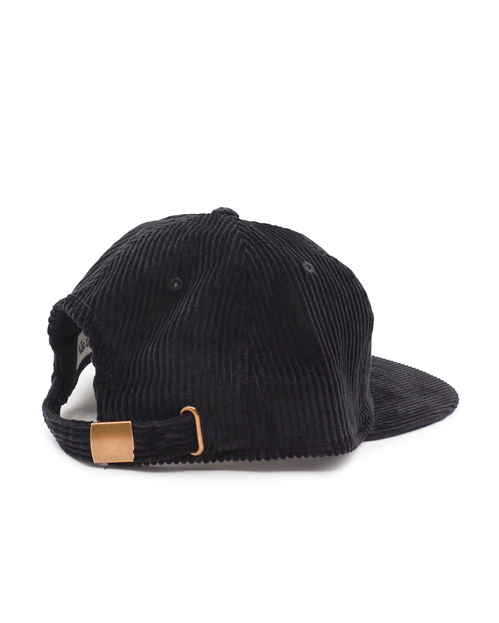Black corduroy cap with a gold buckle on a white background