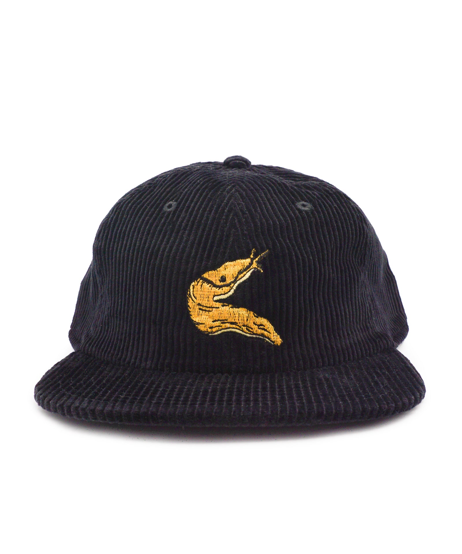 Black corduroy cap with a yellow banana slug embroidered design on a white background