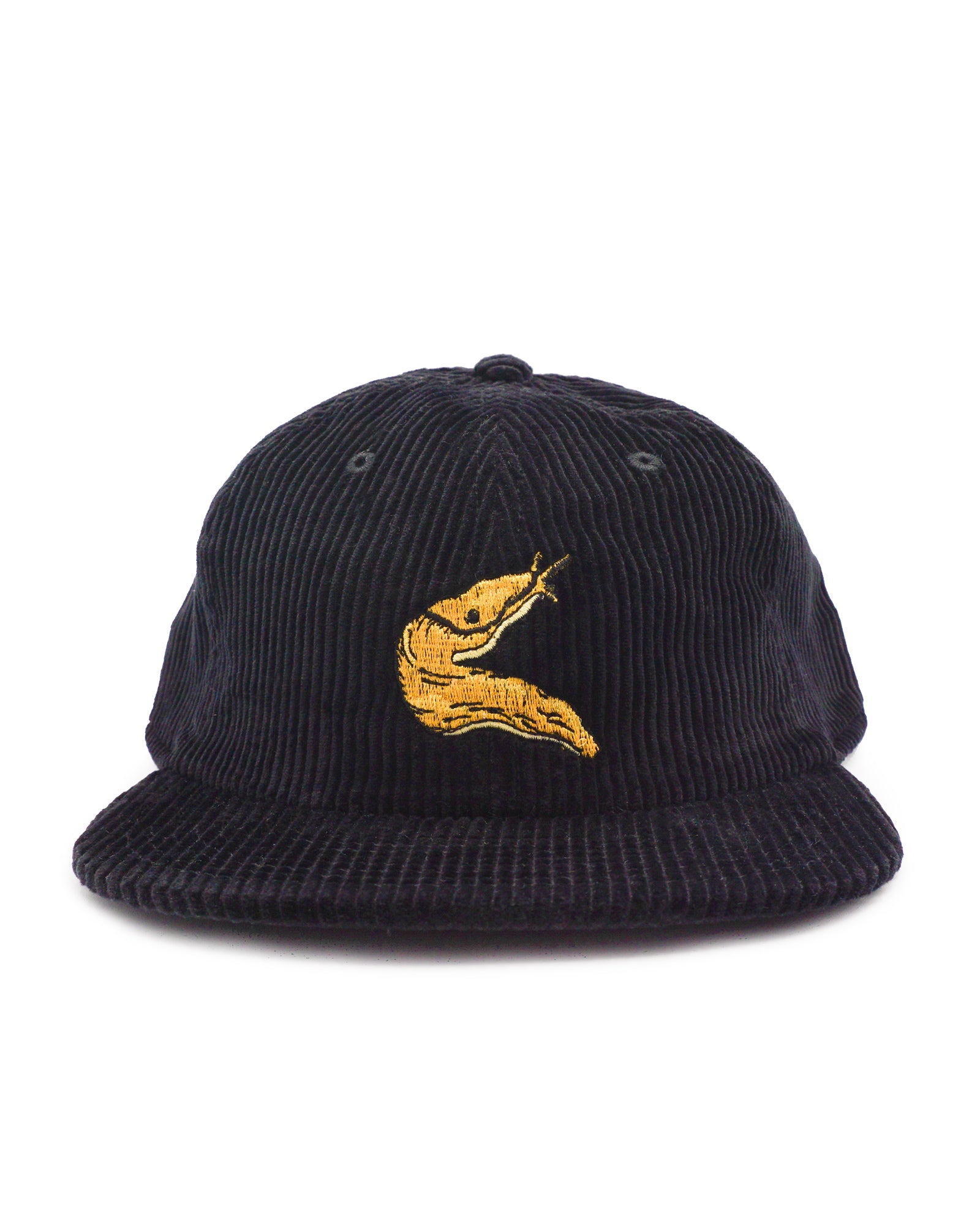 Black corduroy cap with a yellow banana slug embroidered design on a white background