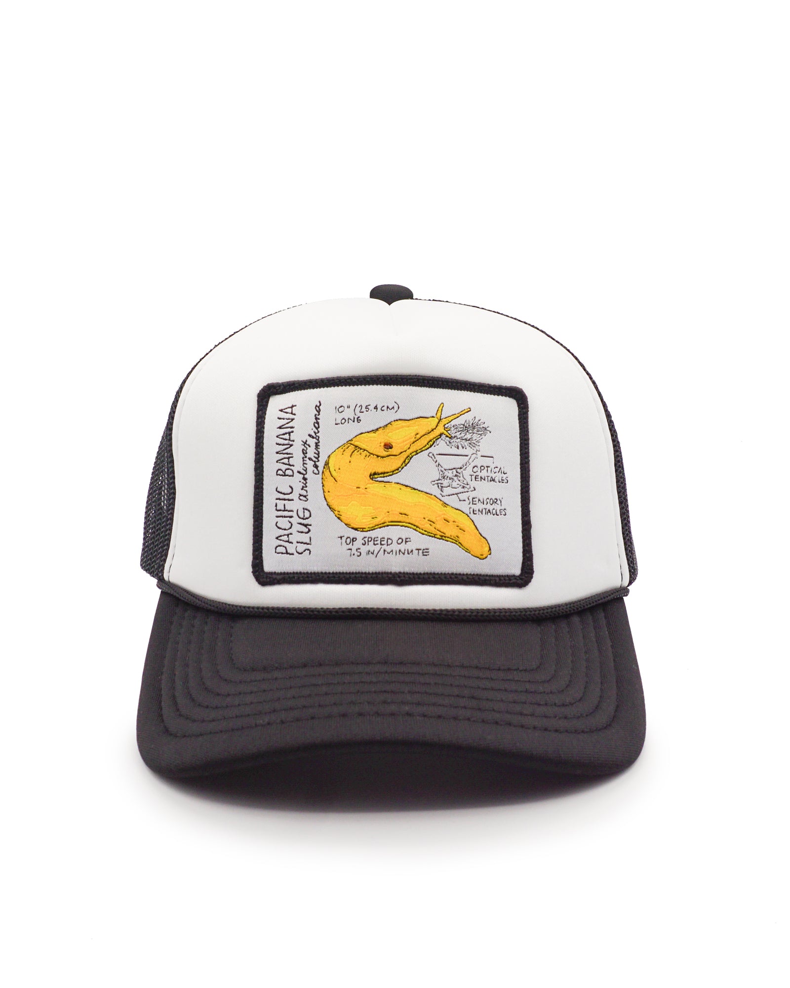 Youth tucker hat with a yellow Pacific Banana Slug patch on a white background