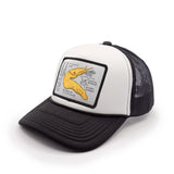 Youth tucker hat with a yellow Pacific Banana Slug patch on a white background
