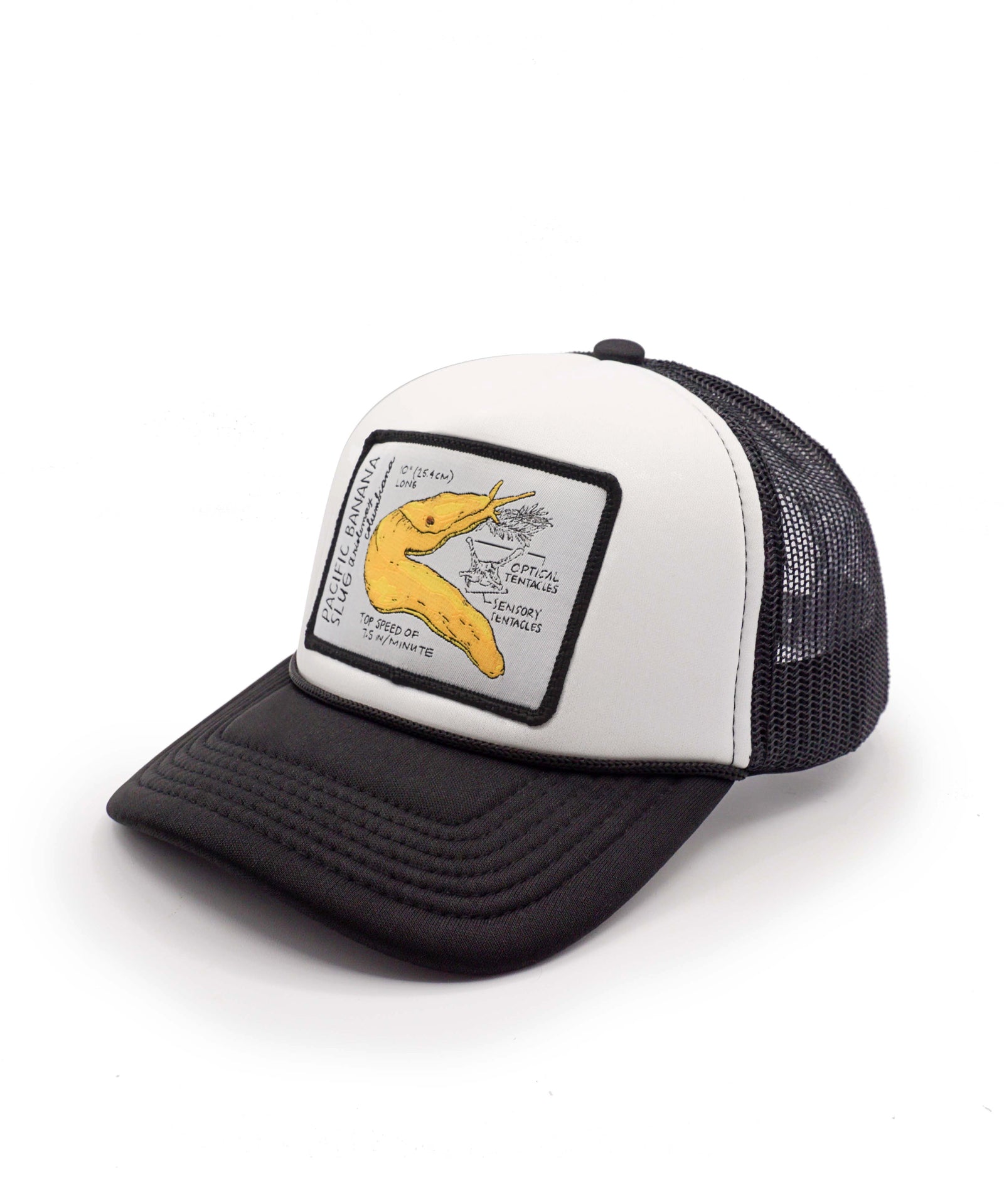 Youth tucker hat with a yellow Pacific Banana Slug patch on a white background