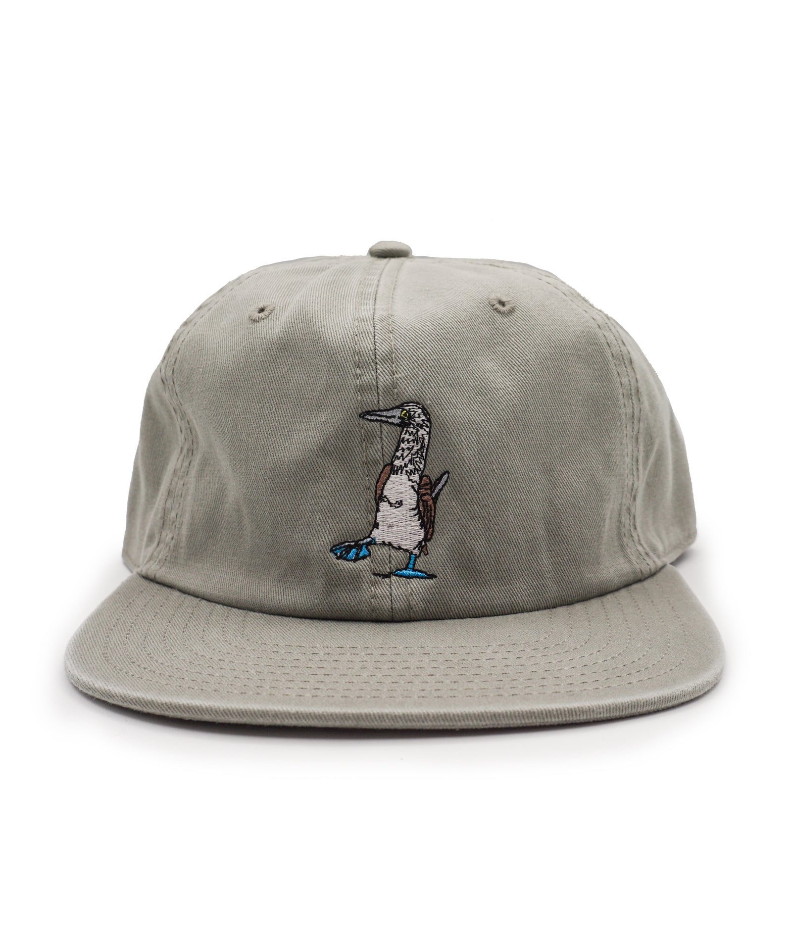 Gray cap with an embroidered blue footed booby design on a white background