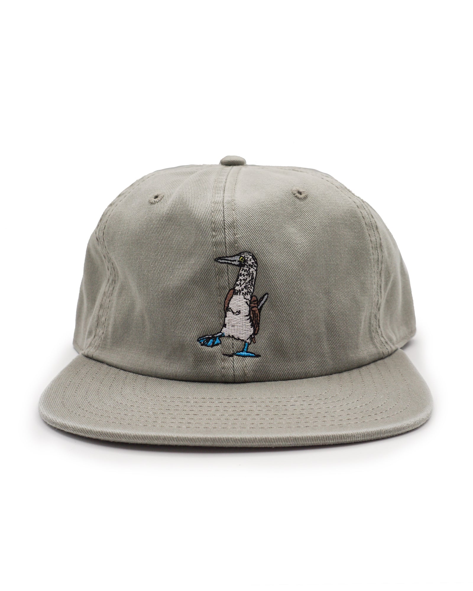 Gray cap with an embroidered blue footed booby design on a white background