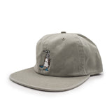 Gray cap with embroidered blue footed booby design on a white background