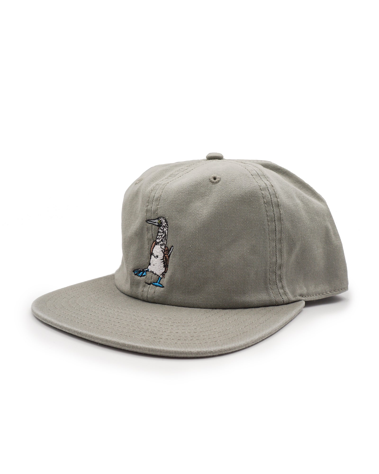 Gray cap with embroidered blue footed booby design on a white background