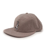 Brown corduroy cap with an embroidered blue footed booby design on a white background