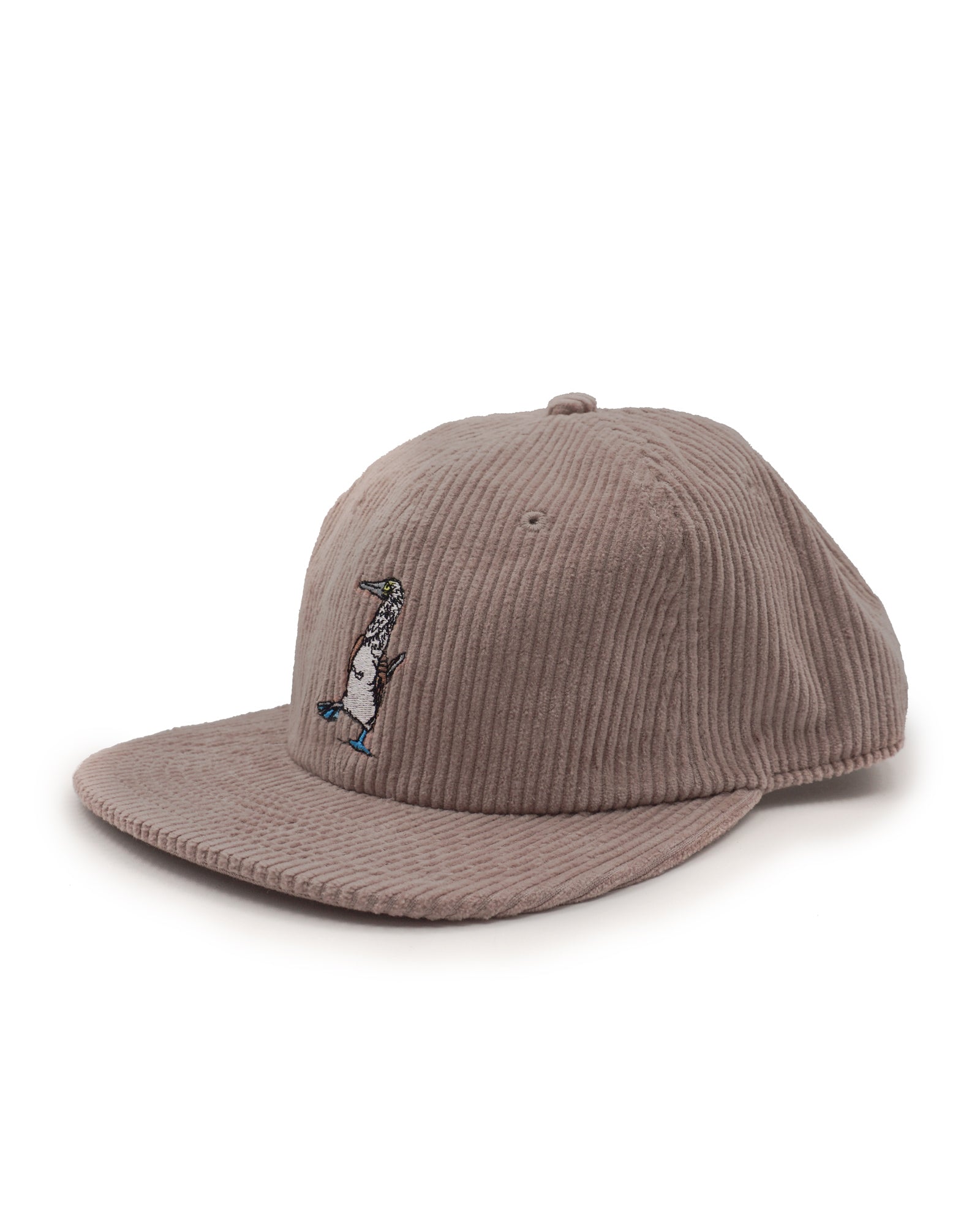 Brown corduroy cap with an embroidered blue footed booby design on a white background