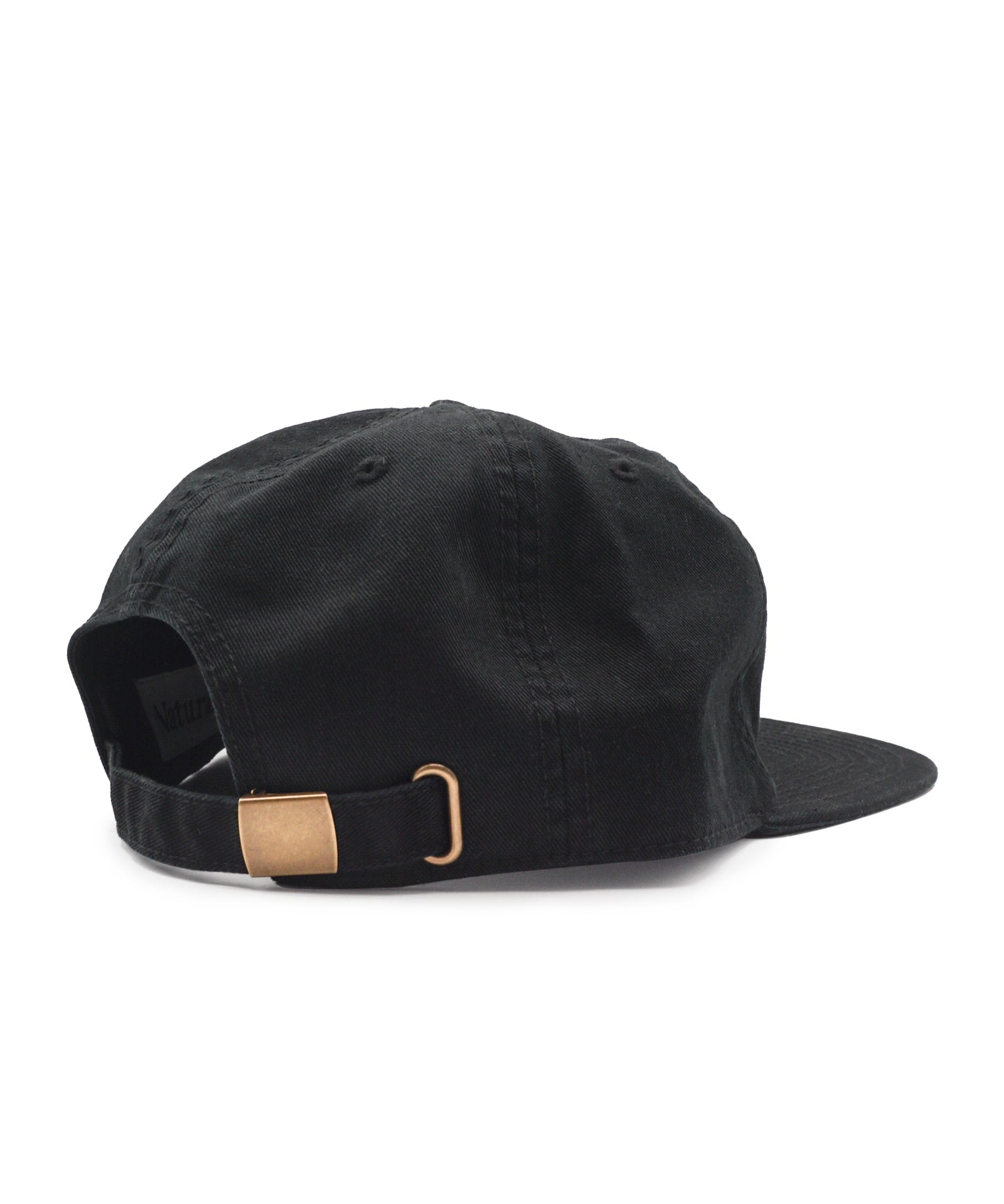 Black cap with a brown leather strap on a white background
