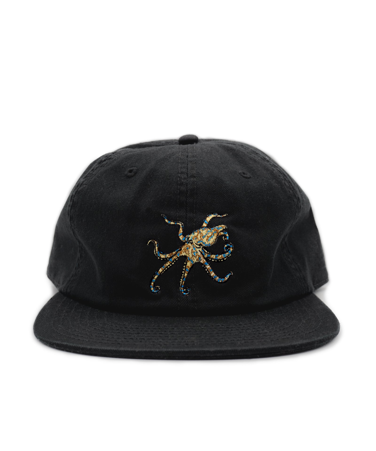 Black cap with a colorful blue ringed octopus design on a white background