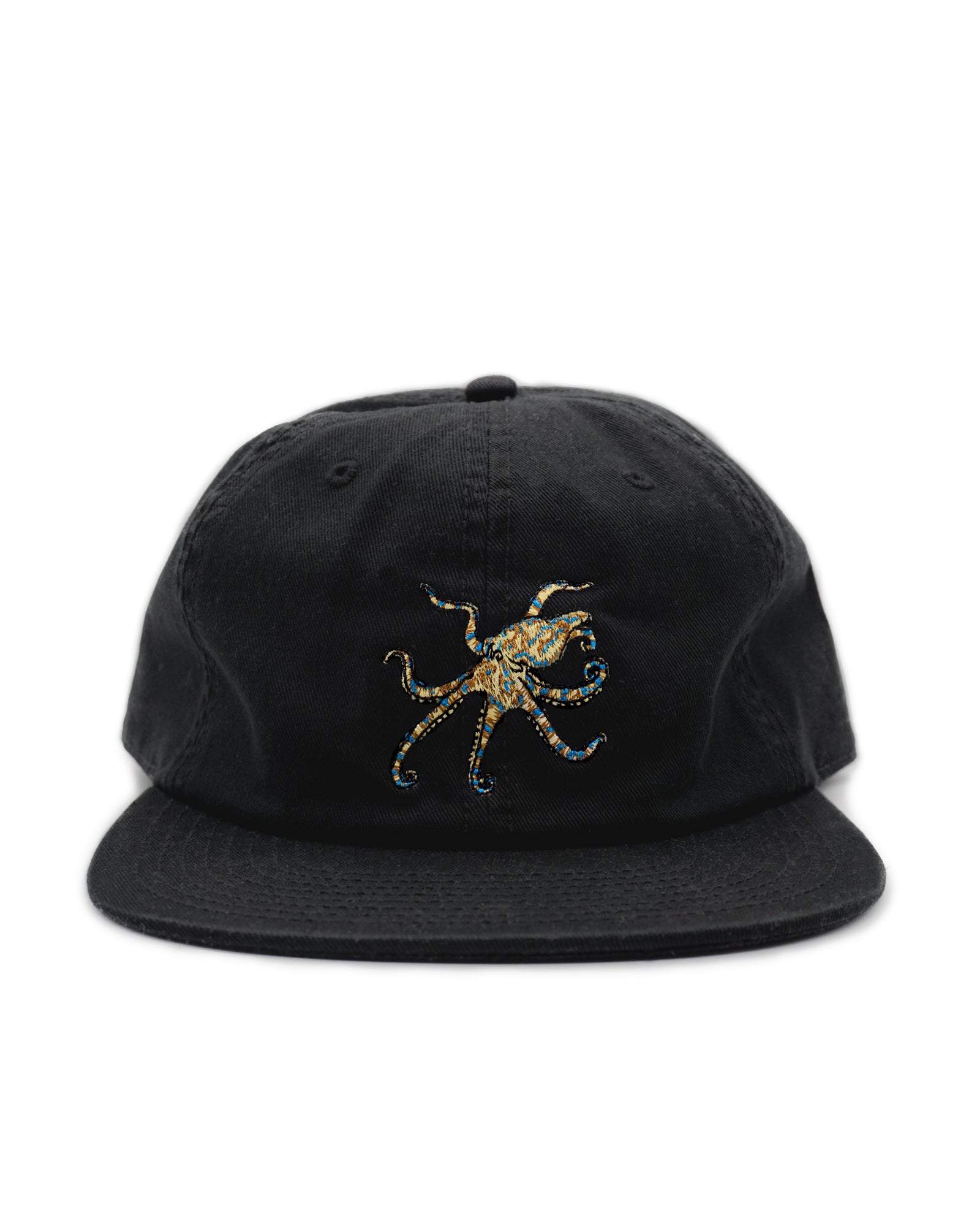 Black cap with a colorful blue ringed octopus design on a white background