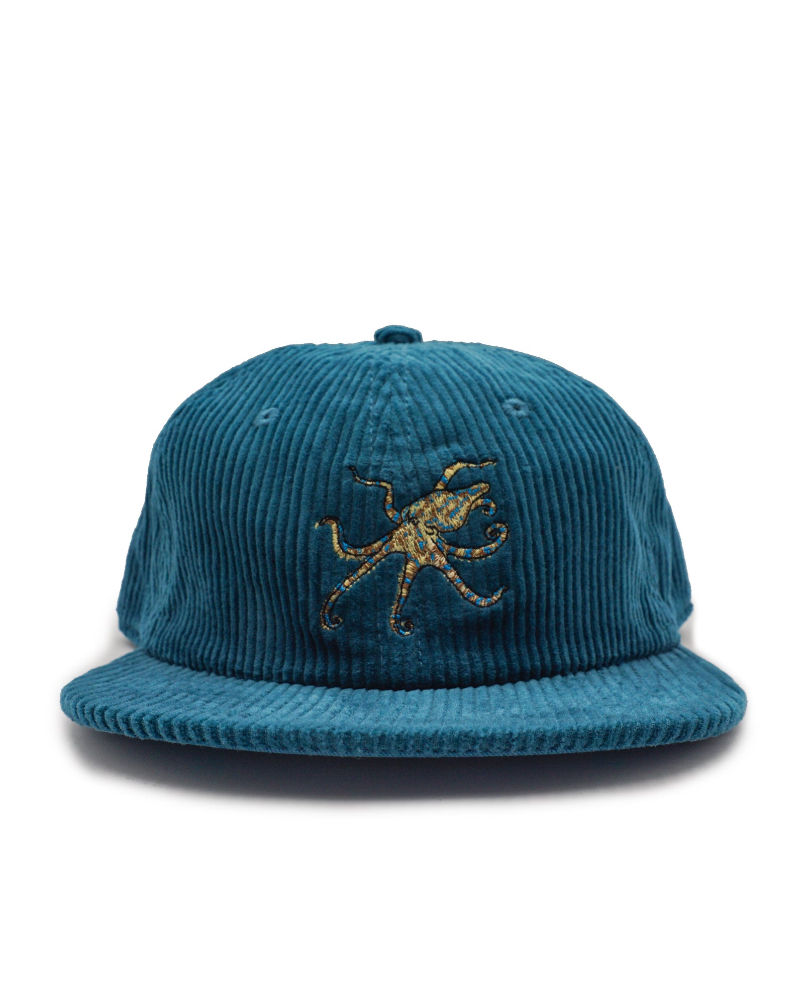 Blue corduroy cap with a blue ringed octopus on a white background