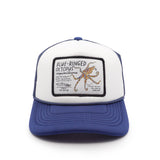 Blue and white youth trucker hat with blue ringed octopus design and text on a white background