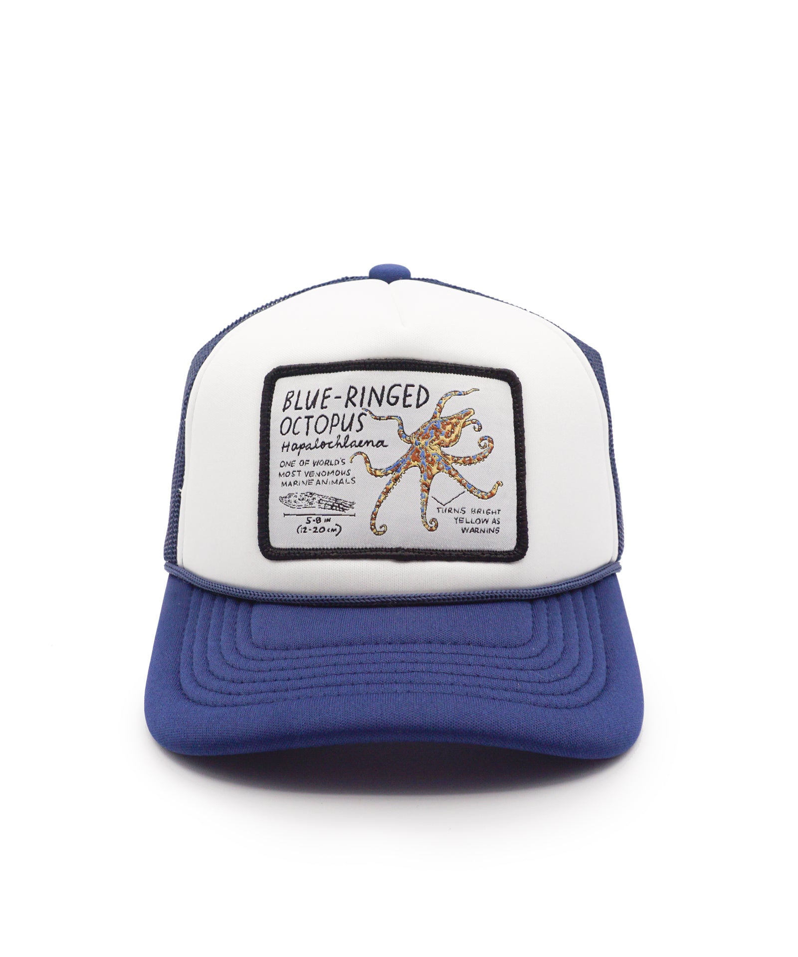 Blue and white youth trucker hat with blue ringed octopus design and text on a white background