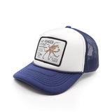 Blue and white youth trucker hat with a blue ringed octopus patch on a white background