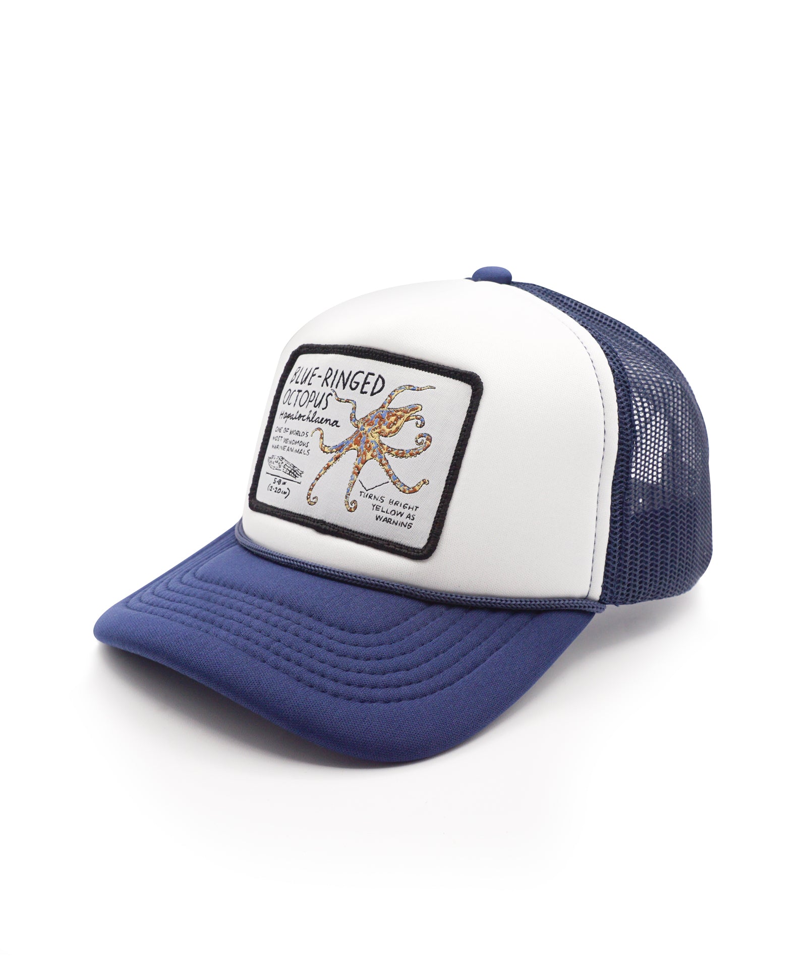 Blue and white youth trucker hat with a blue ringed octopus patch on a white background