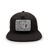 Black cap with a blue footed booby patch on a white background