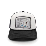 Youth trucker hat with a blue-footed booby design and text on a white background