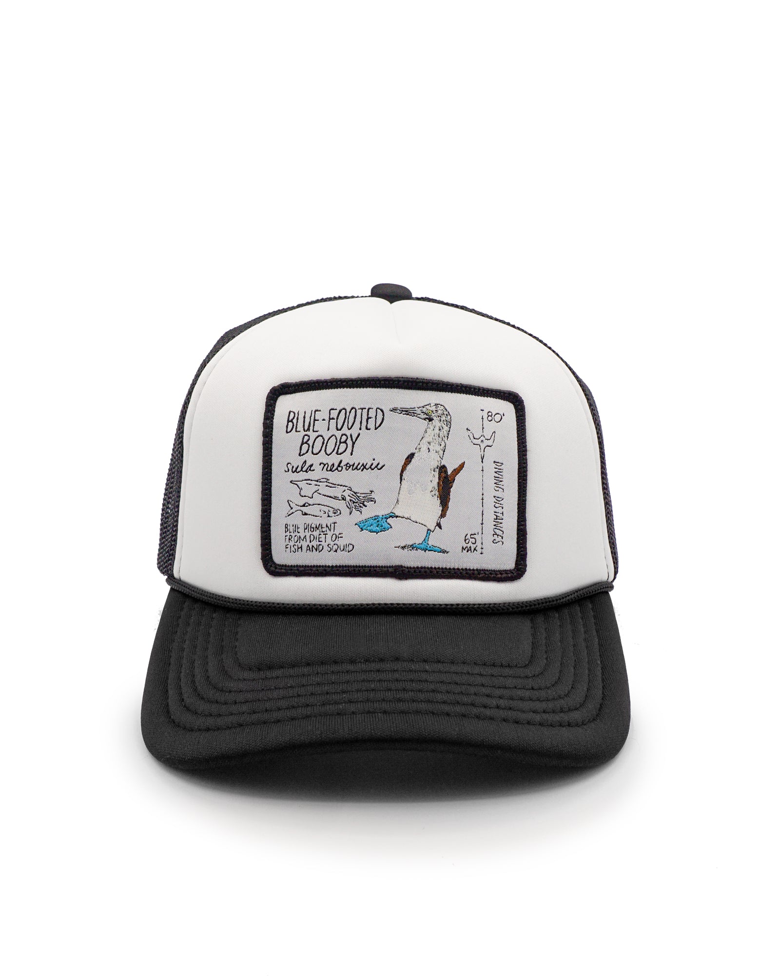 Youth trucker hat with a blue-footed booby design and text on a white background