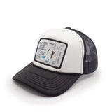 Youth tucker hat with a blue footed booby patch design on a white background