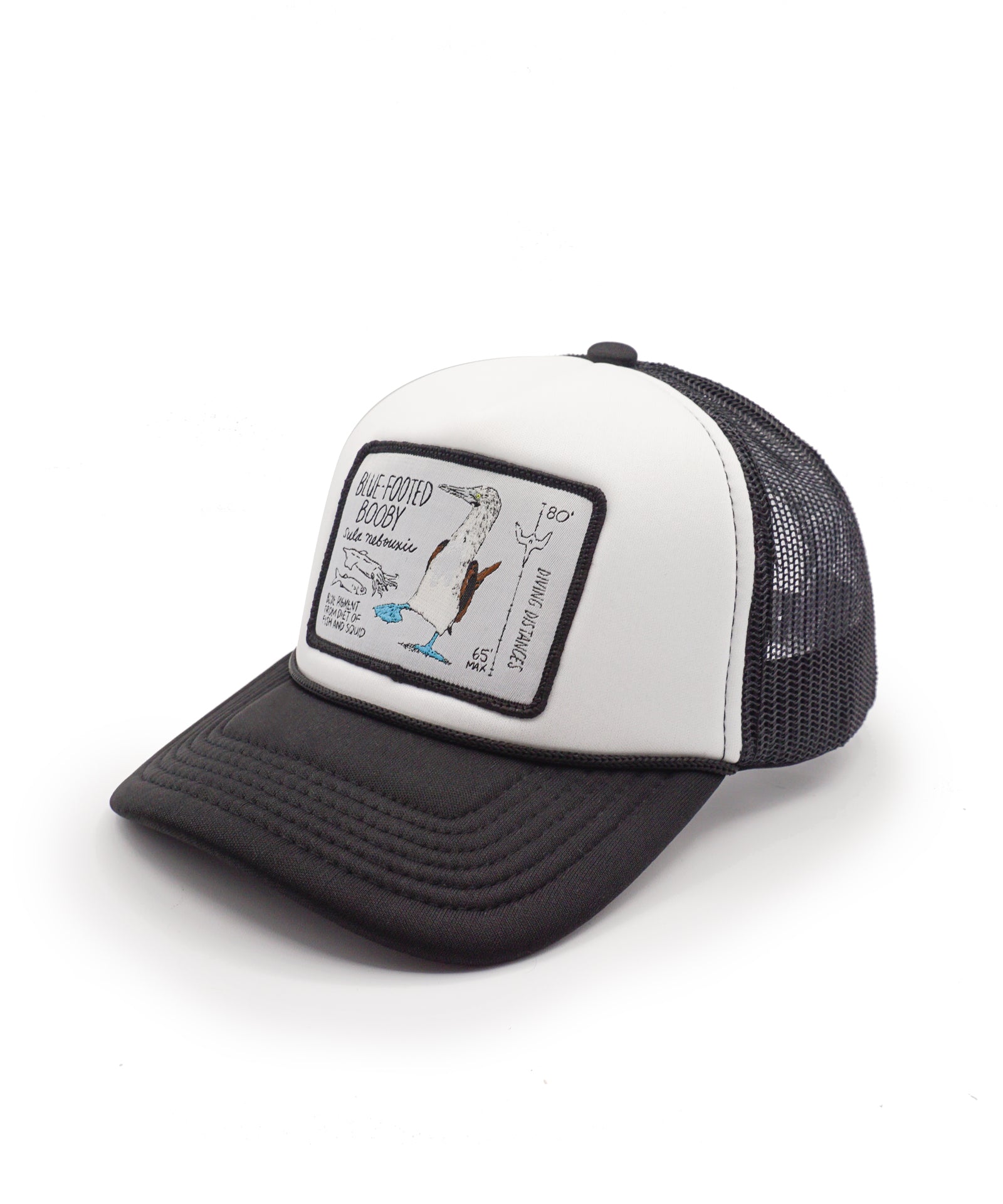 Youth tucker hat with a blue footed booby patch design on a white background