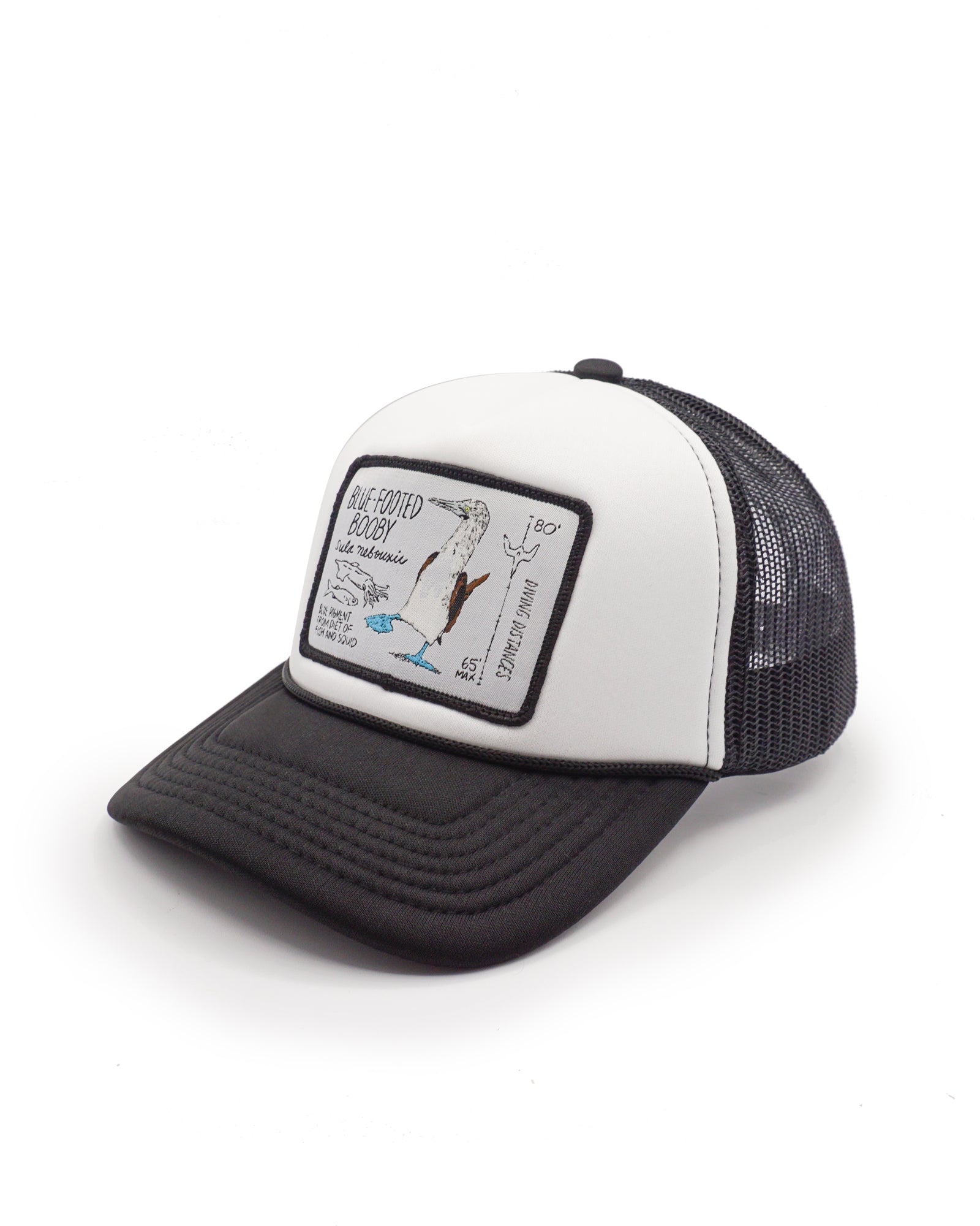 Youth tucker hat with a blue footed booby patch design on a white background