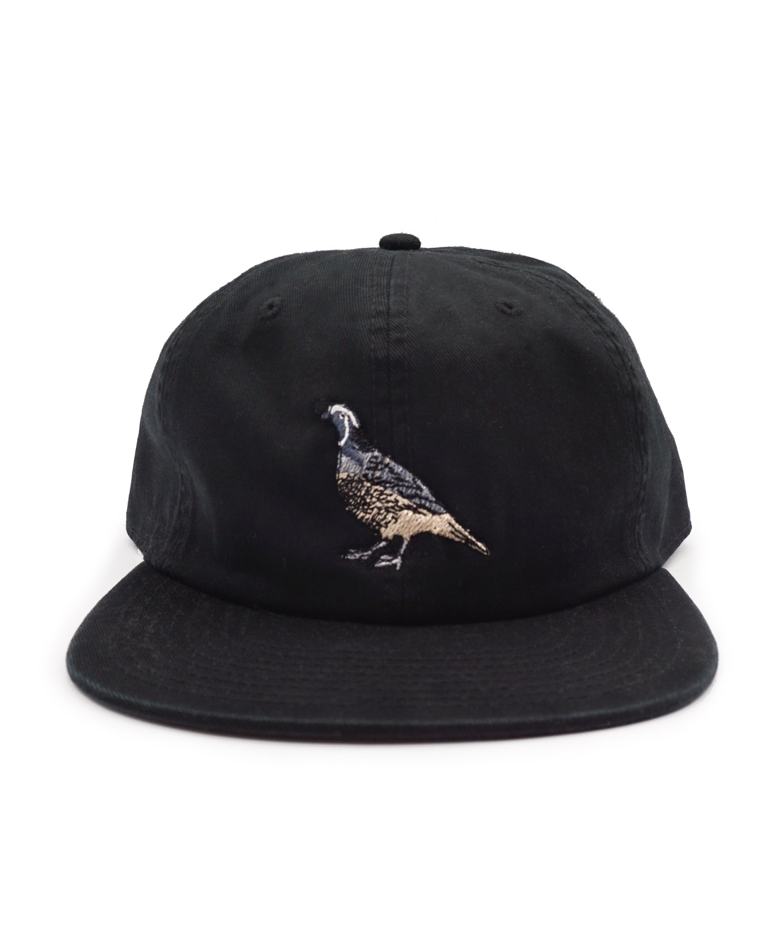 Black cap with a California Quail design on a white background