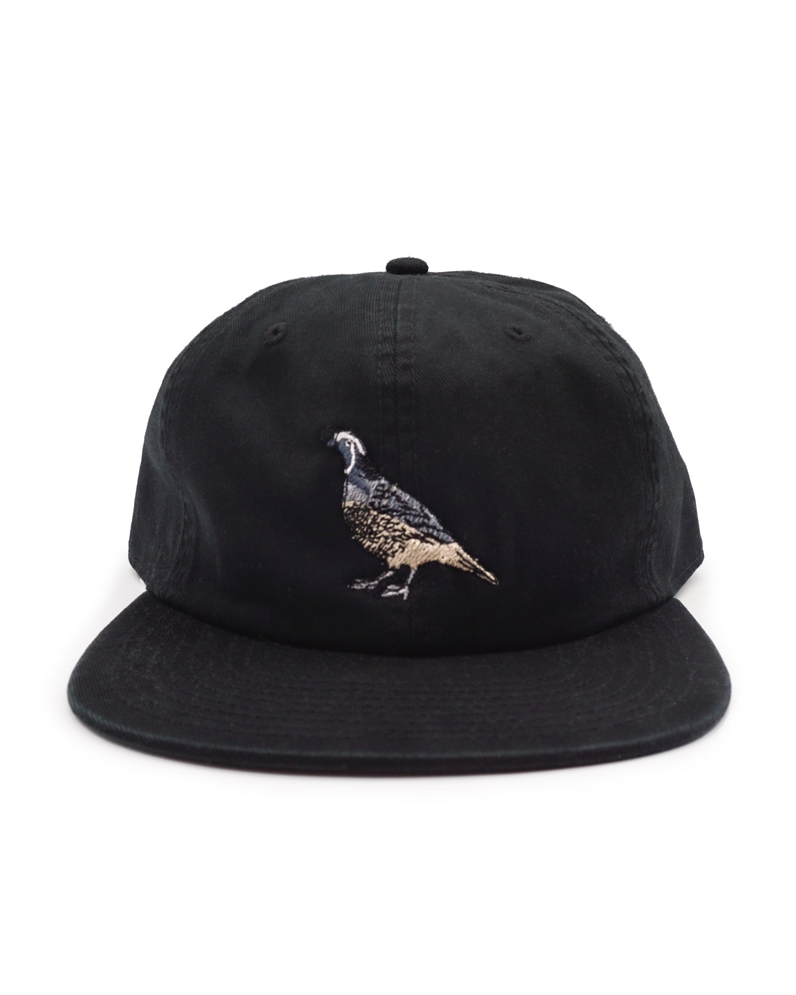 Black cap with a California Quail design on a white background