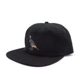 Side view of a black cap with a California Quail embroidered on it against a white background