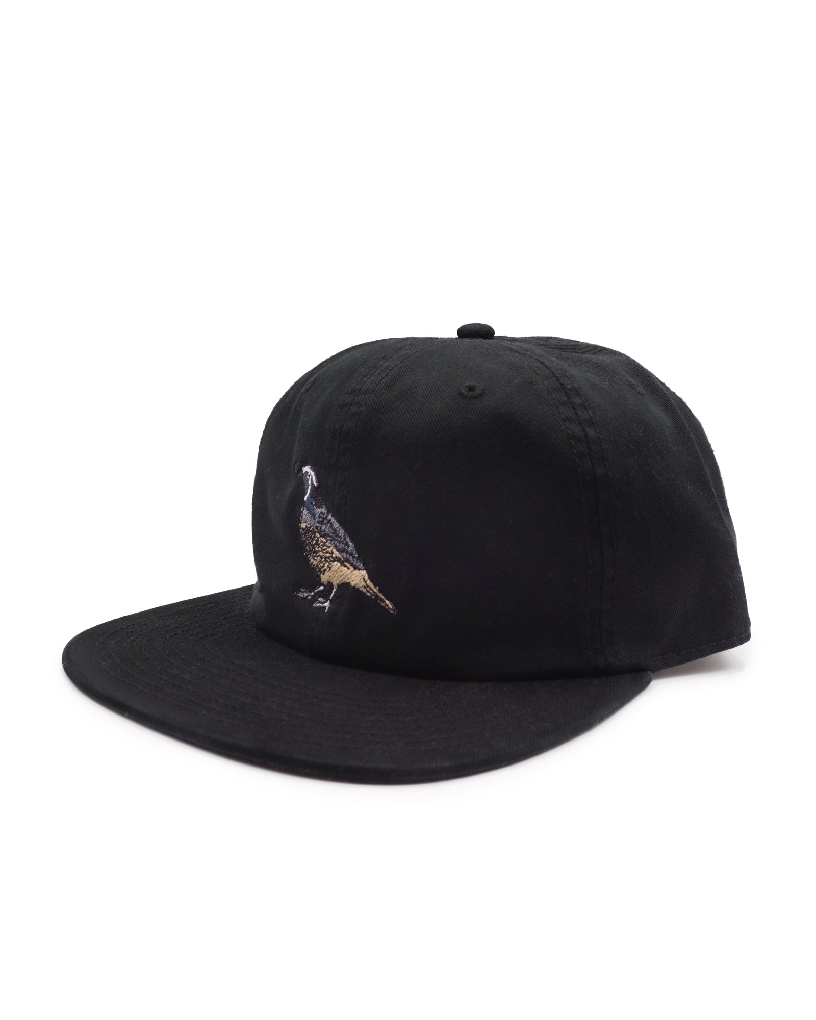Side view of a black cap with a California Quail embroidered on it against a white background