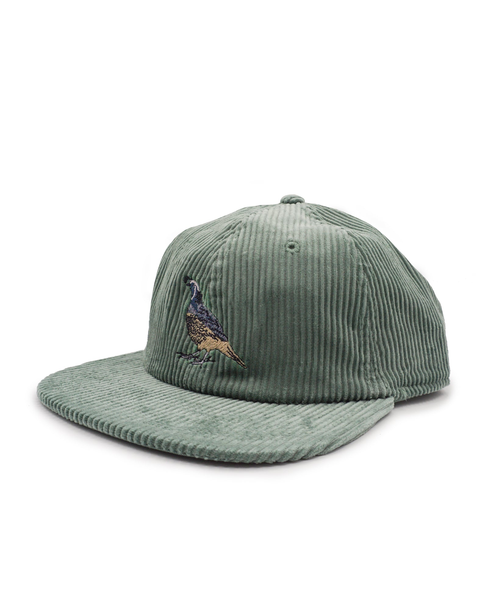 Green corduroy cap with a California Quail embroidered on a white background