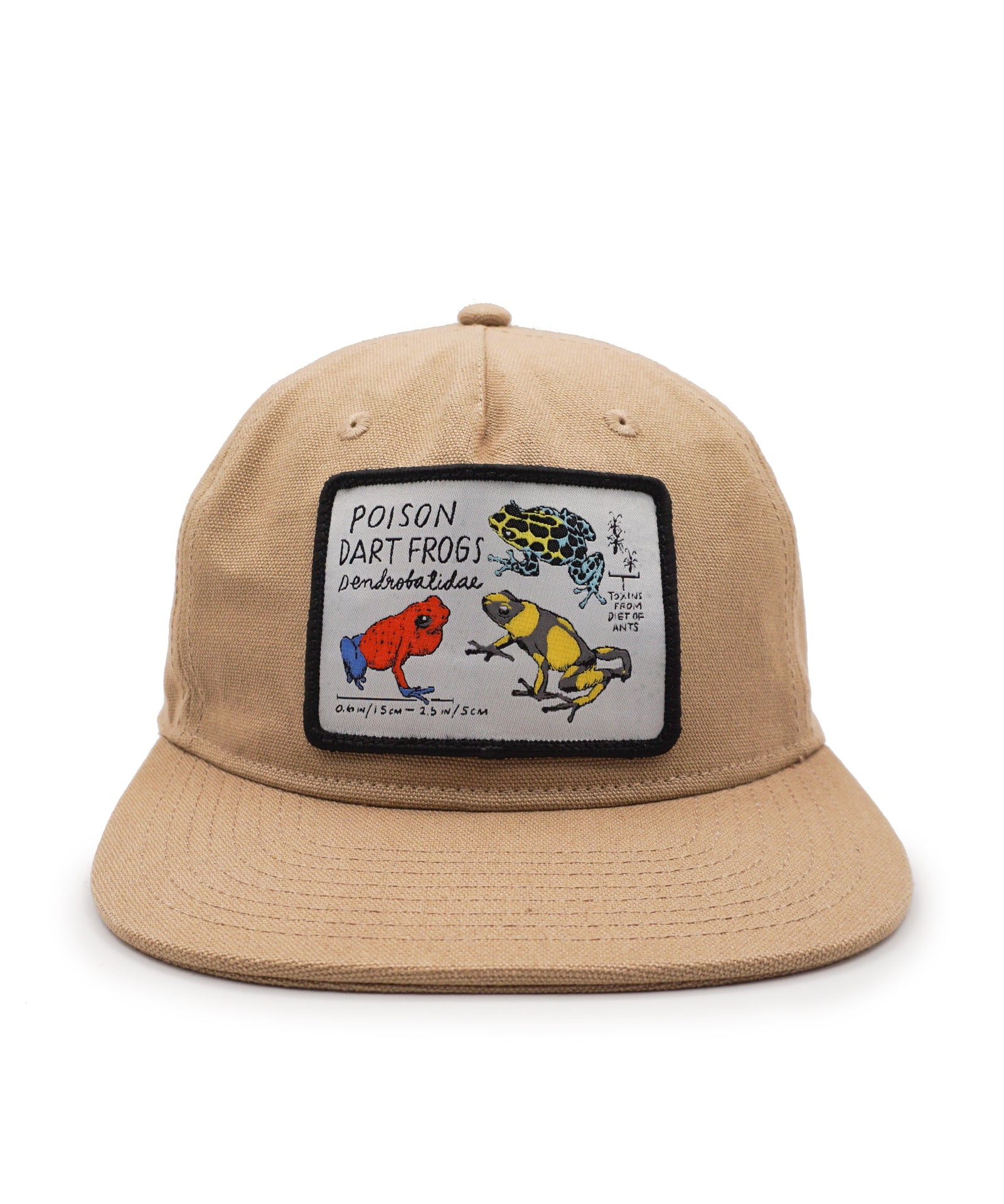 Beige cap with poison dart frogs patch on a white background