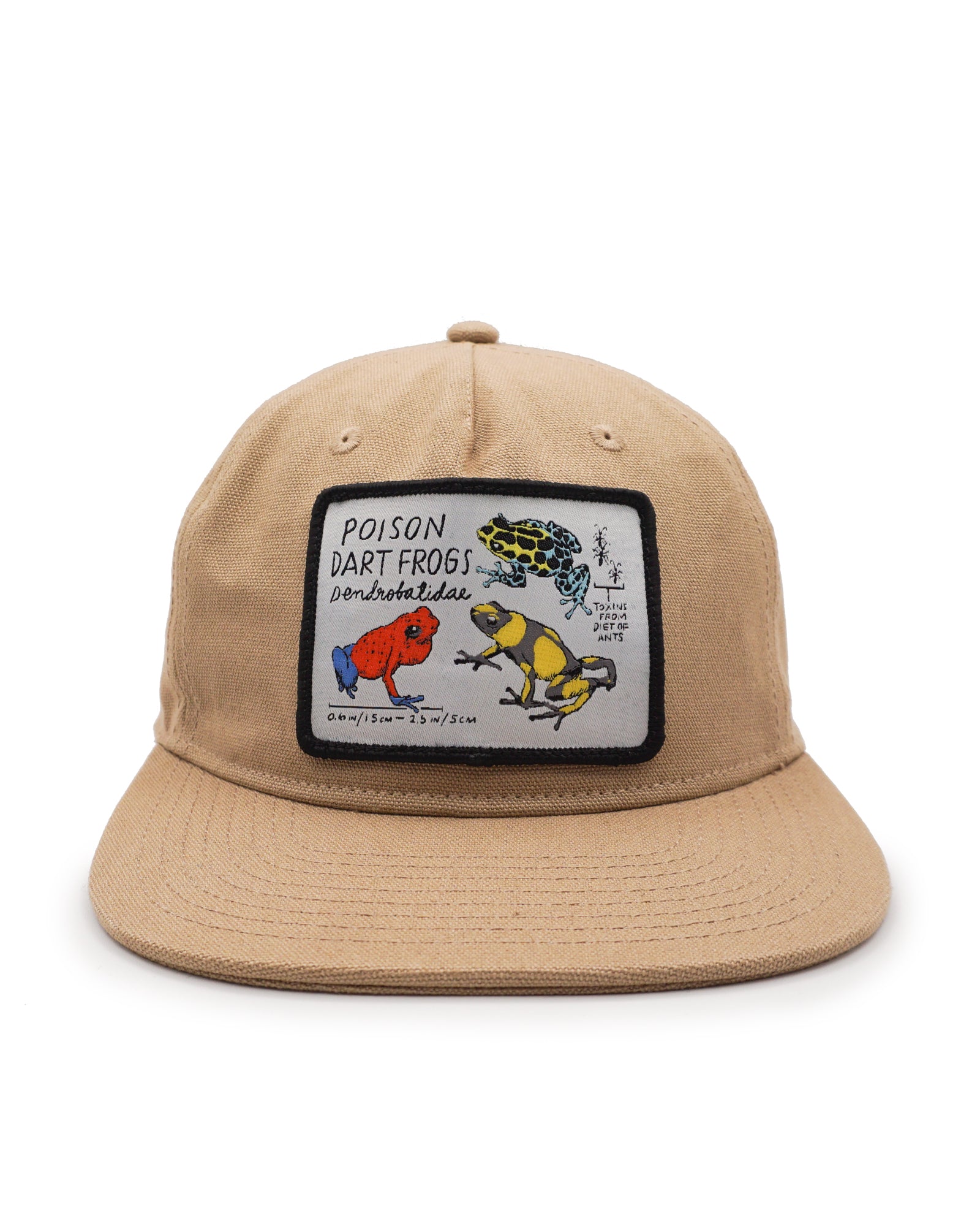 Beige cap with poison dart frogs patch on a white background