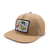 Beige cap with a colorful patch featuring frogs on a white background