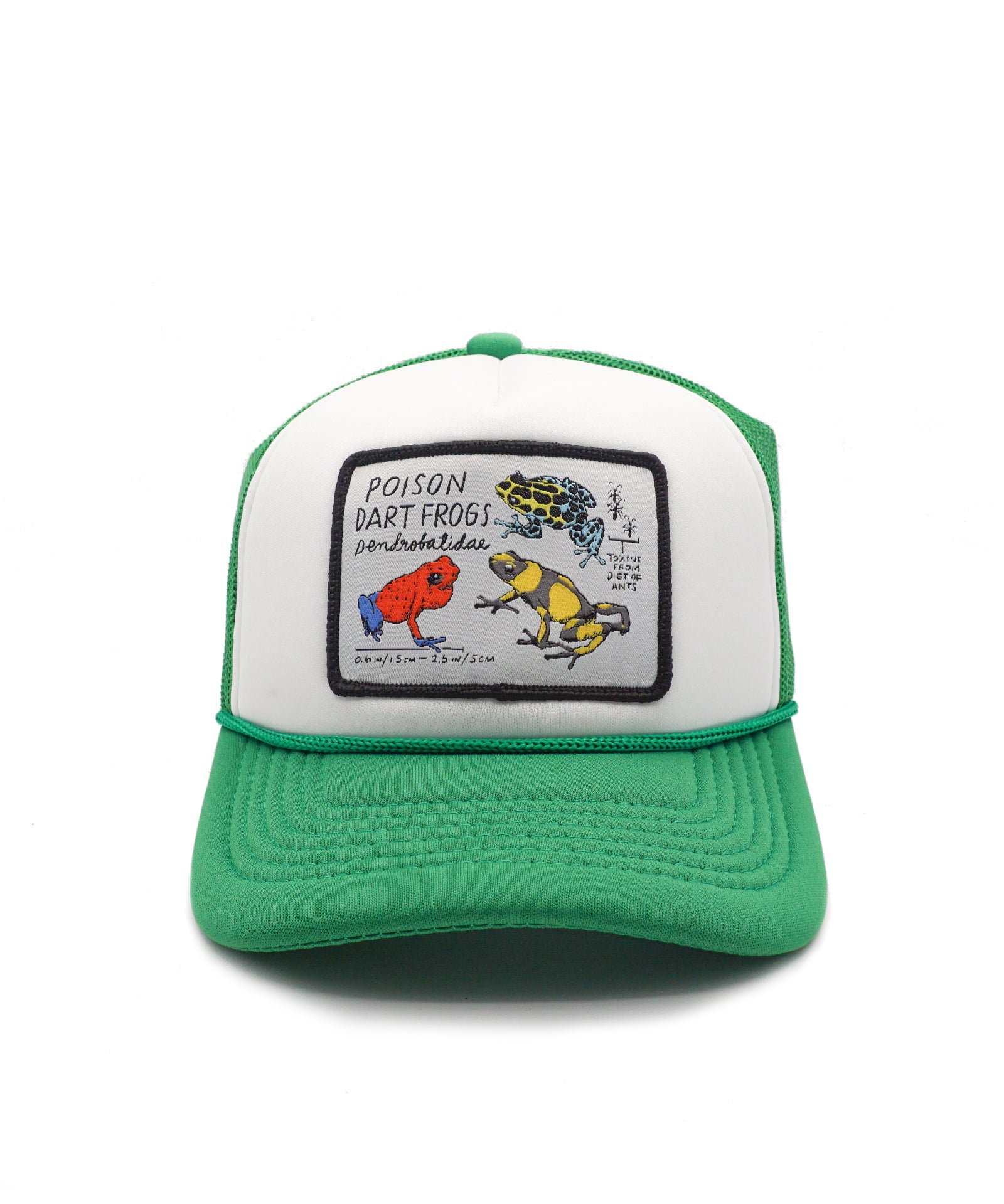 Green and white youth trucker hat with poison dart frogs patch on a white background