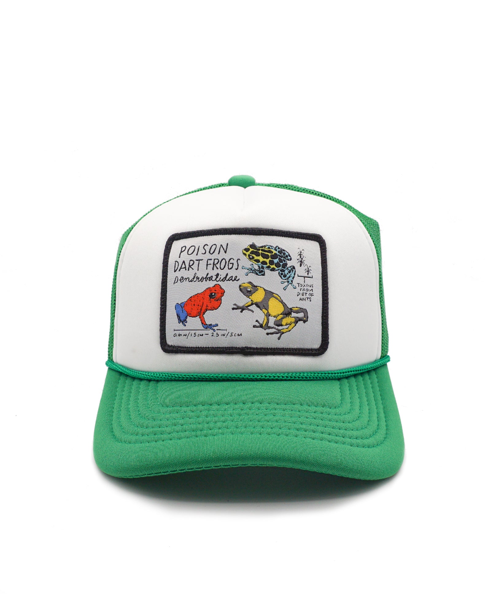 Green and white youth trucker hat with poison dart frogs patch on a white background