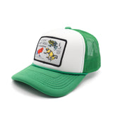 Green and white youth trucker hat with a poison dart frog patch on a white background