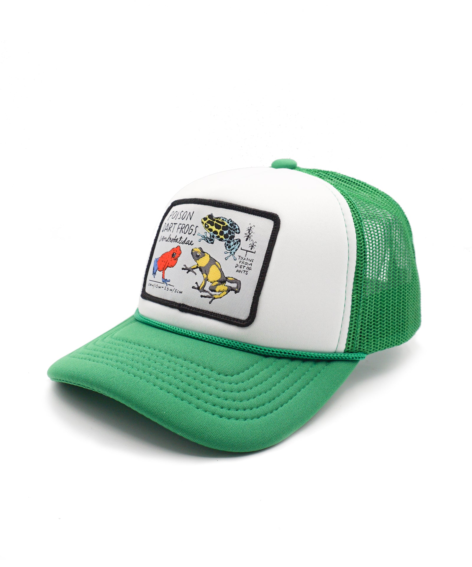 Green and white youth trucker hat with a poison dart frog patch on a white background