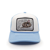 Light blue and white youth trucker hat with a gaboon viper illustration patch on a white background